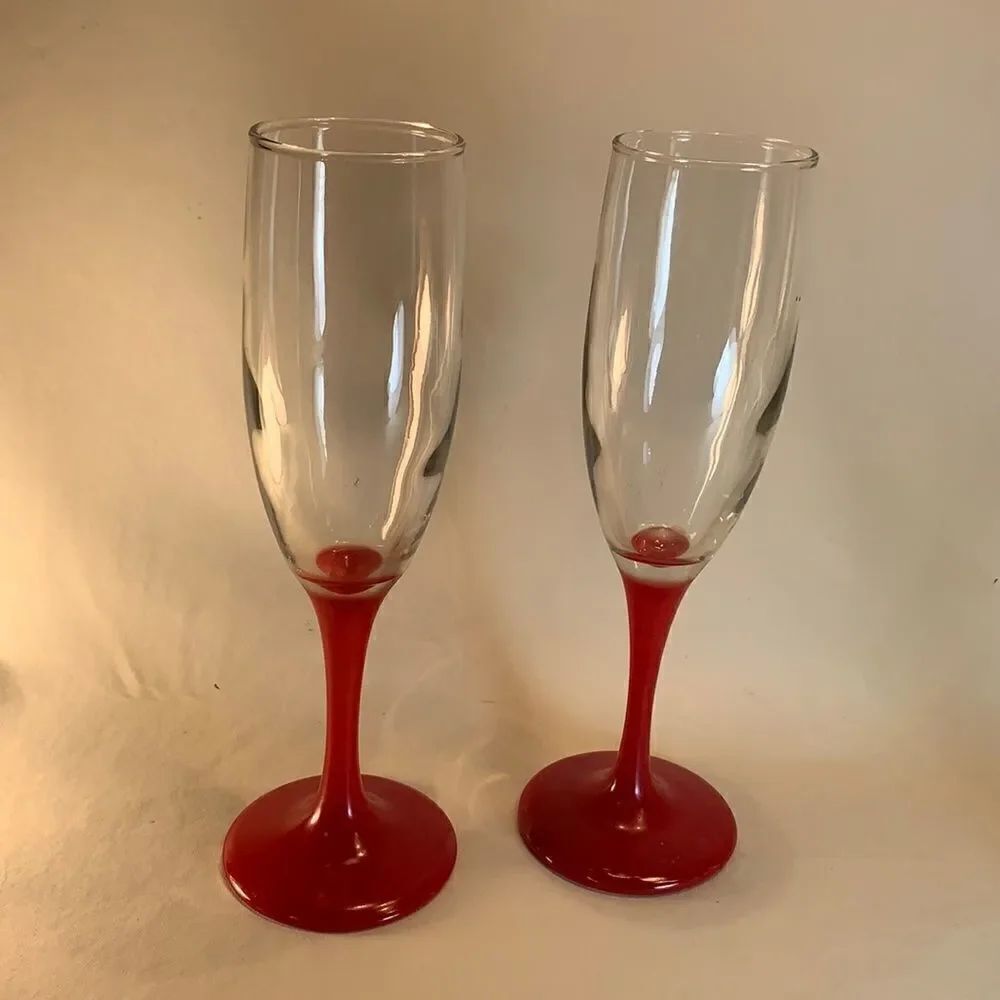 Vintage Matte Red Stemmed Champagne Cocktail Toast Long Stemmed Glasses Set 2